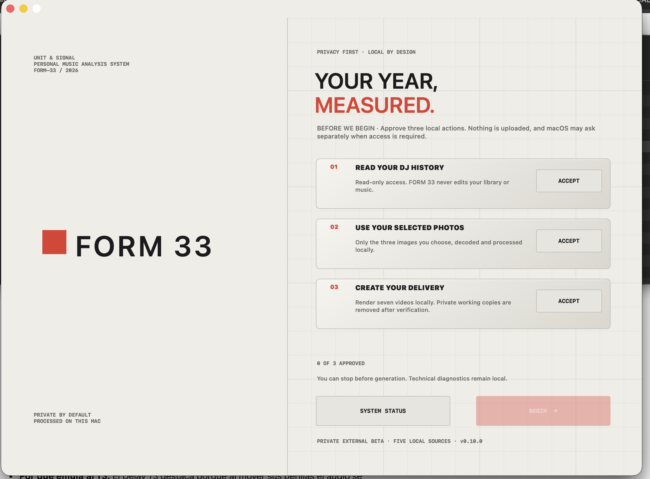 The real FORM 33 private beta opening screen on macOS